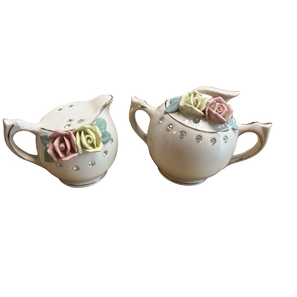 Shabby Rose Salt and‎ Pepper Shakers Ceramic Beautiful Light Pink Napco